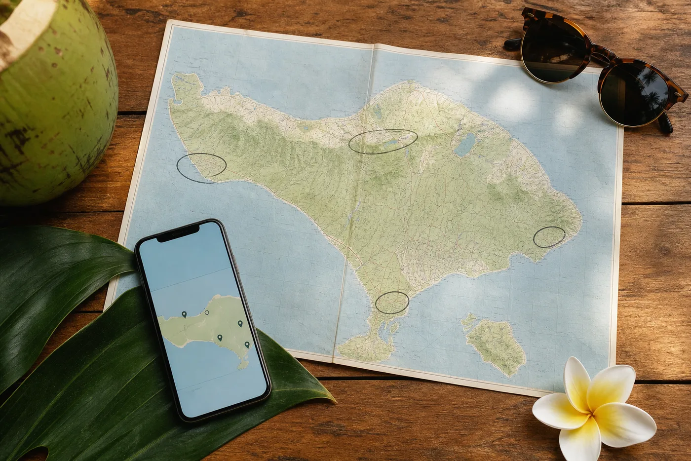 Papierkarte von Bali mit Smartphone auf einem Holztisch